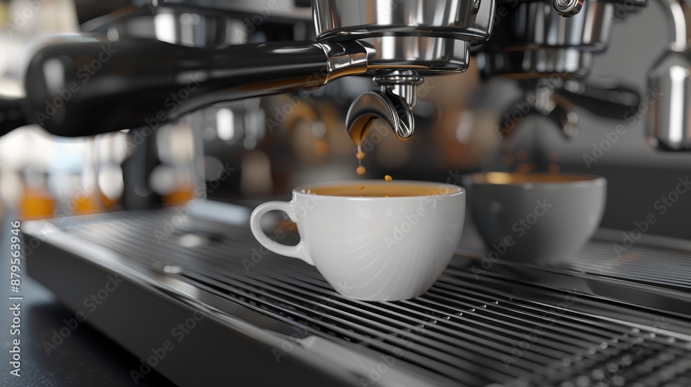 Espresso drips smoothly into a white cup from a polished espresso machine, capturing the essence of barista craftsmanship and the enjoyment of a fresh coffee shot. Espresso drips smoothly into a white cup from a polished espresso machine, capturing the essence of barista craftsmanship and the enjoyment of a fresh coffee shot.