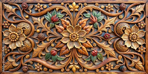 Intricate Floral Wood Carving, Intricately carved floral pattern on a wooden panel, intricate wood carving, floral wood carving,  wood art , wooden panel,  art  ,  decoration, carving