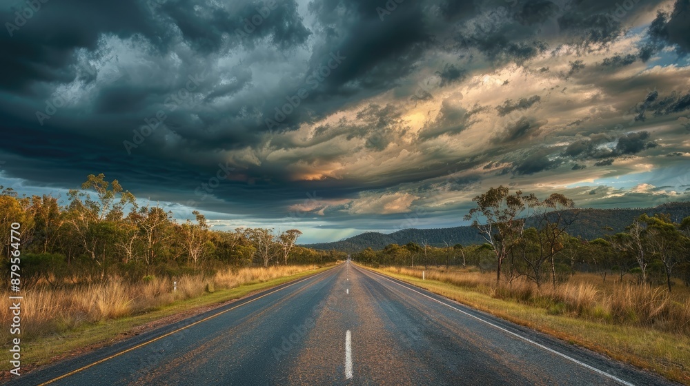 Scenic view of the straight path of Matilda Highway under a moody cloudy sky in Queensland Scenic view of the straight path of Matilda Highway under a moody cloudy sky in Queensland