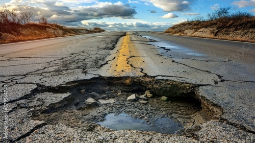 Significant roadway damage with deep pothole on an American highway