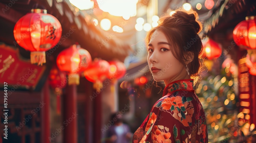 In a bustling street filled with red lanterns, a young woman in a vibrant red dress stands gracefully, embodying festive charm and cultural heritage. In a bustling street filled with red lanterns, a young woman in a vibrant red dress stands gracefully, embodying festive charm and cultural heritage.