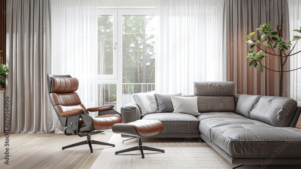 A stylish Scandinavian living room with a gray sofa and a leather recliner chair, set against a large window with sheer curtains, allowing natural light to enhance the simple, elegant decor. A stylish Scandinavian living room with a gray sofa and a leather recliner chair, set against a large window with sheer curtains, allowing natural light to enhance the simple, elegant decor.