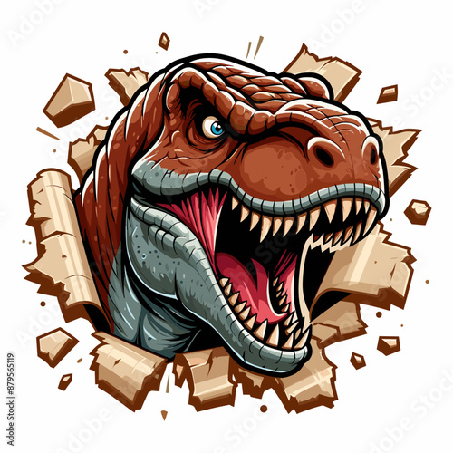 vector hand drawn t-rex roars out from torn paper illlustration