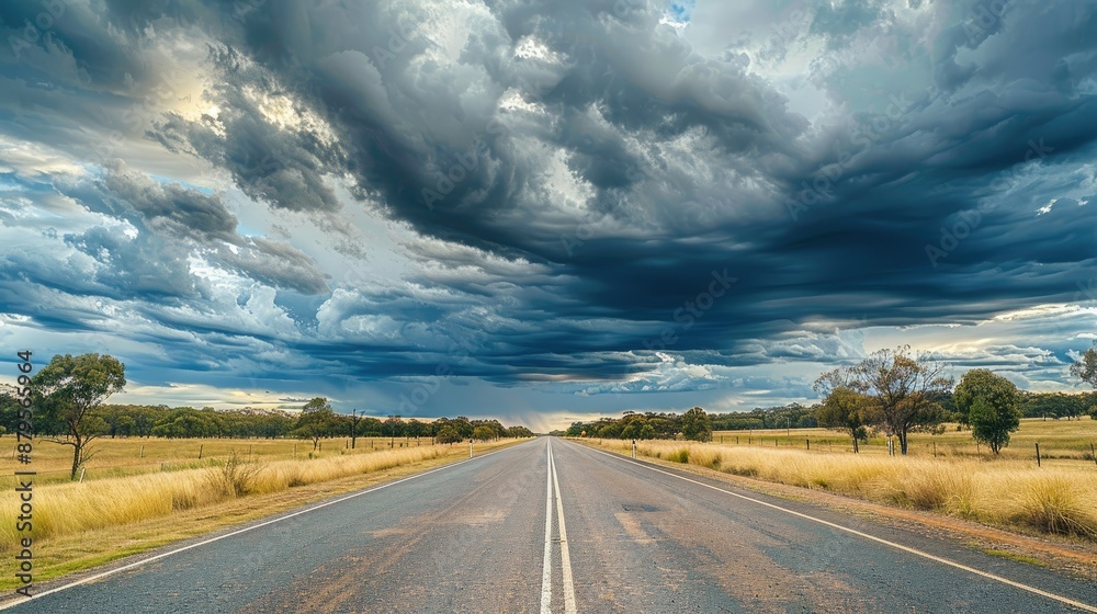 The unending straight path of Matilda Highway under dramatic clouds in Queensland The unending straight path of Matilda Highway under dramatic clouds in Queensland