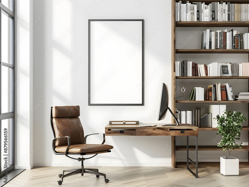 Minimalist Home Office with Clean Bookshelf and Frame Mockup,3D Rendering Minimalist Home Office with Clean Bookshelf and Frame Mockup,3D Rendering