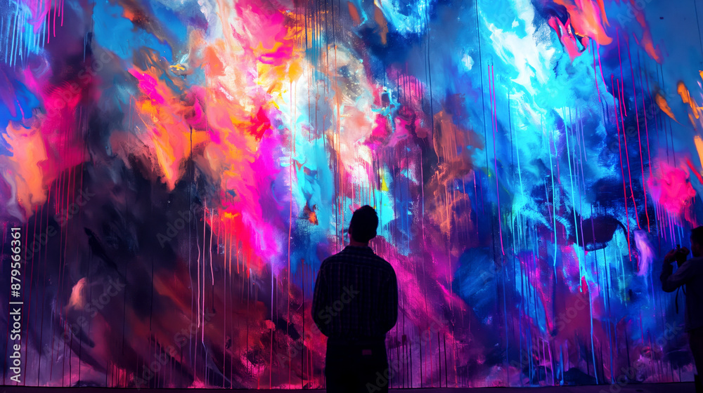 Fototapeta premium Man in plaid shirt observes an expansive, vibrant abstract painting on a large wall