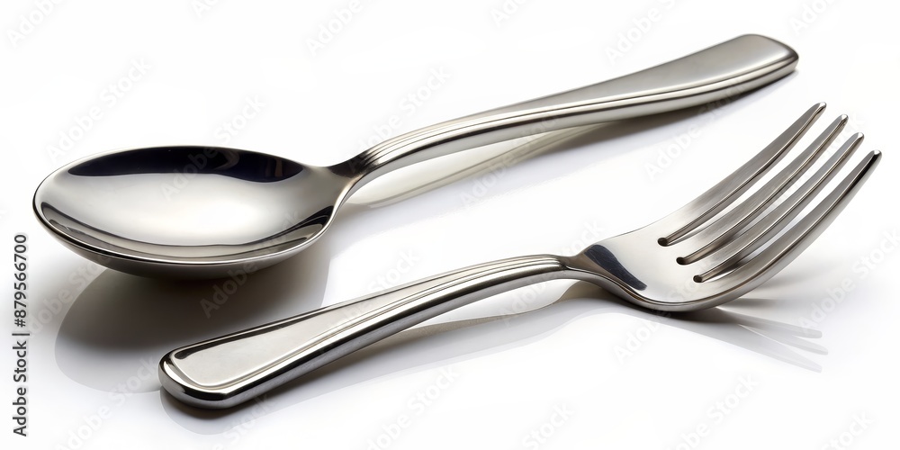 Shiny Silver Spoon and Fork on White Background, cutlery, silverware, utensils, dinnerware Shiny Silver Spoon and Fork on White Background, cutlery, silverware, utensils, dinnerware