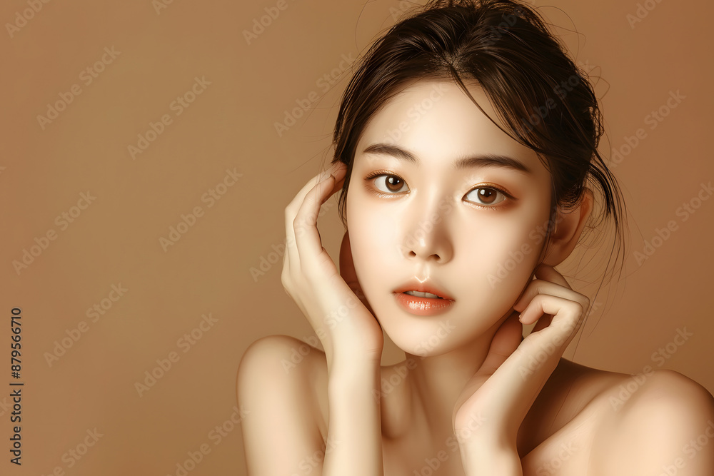 Beautiful young Asian woman with flawless skin and natural makeup posing against a soft brown background, exuding elegance and simplicity. Beautiful young Asian woman with flawless skin and natural makeup posing against a soft brown background, exuding elegance and simplicity.