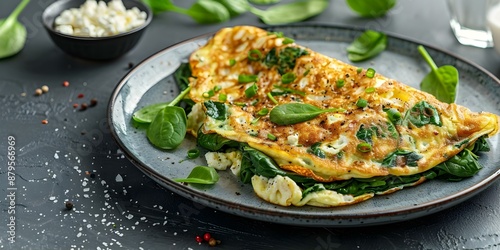 Healthy flat lay of egg white omelet with spinach and cottage cheese. Concept Food Photography, Clean Eating, Healthy Breakfast, Flat Lay Composition, Egg White Omelet