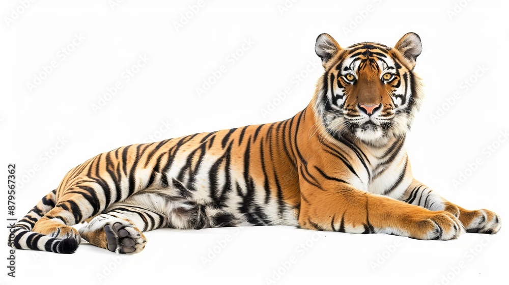 Naklejka premium A stunning image of a tiger in a relaxed, majestic pose on a clean white background, emphasizing the beauty and detail of its striped coat and powerful demeanor.