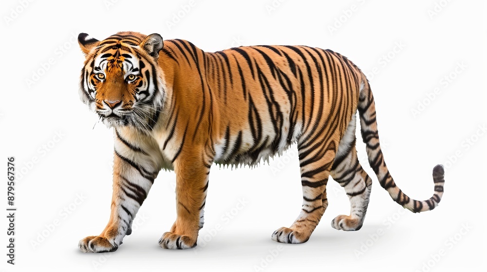 Obraz premium A dynamic image of a tiger walking forward, displaying its powerful and majestic aura, with a focus on its strong physique, sharp stripes, and intense, determined expression.