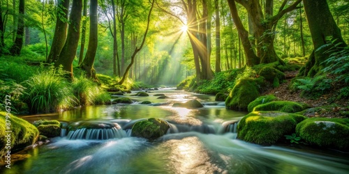 Sunlight Filtering Through a Lush Forest Canopy, Long Exposure of a River, Green Foliage, Water Flowing,  forest stream, river, nature, waterfall