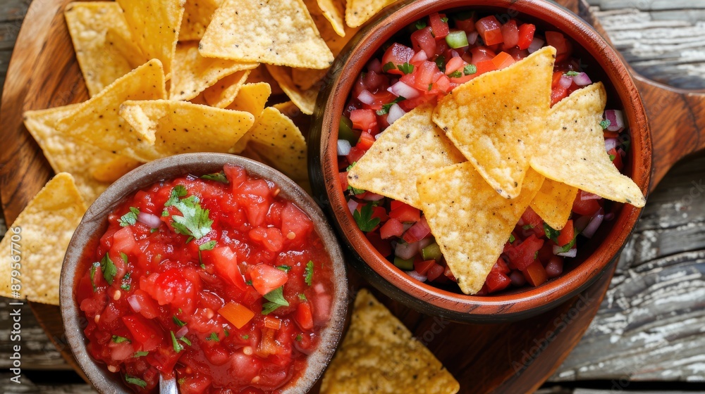 Salsa and tortilla chips in bowl on wooden surface Top view Salsa and tortilla chips in bowl on wooden surface Top view