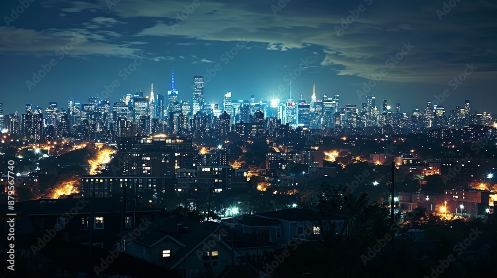 Obraz premium A brightly illuminated city skyline set against a starry night sky, offering a breathtaking view of a peaceful yet bustling urban area with towering skyscrapers shining beautifully.