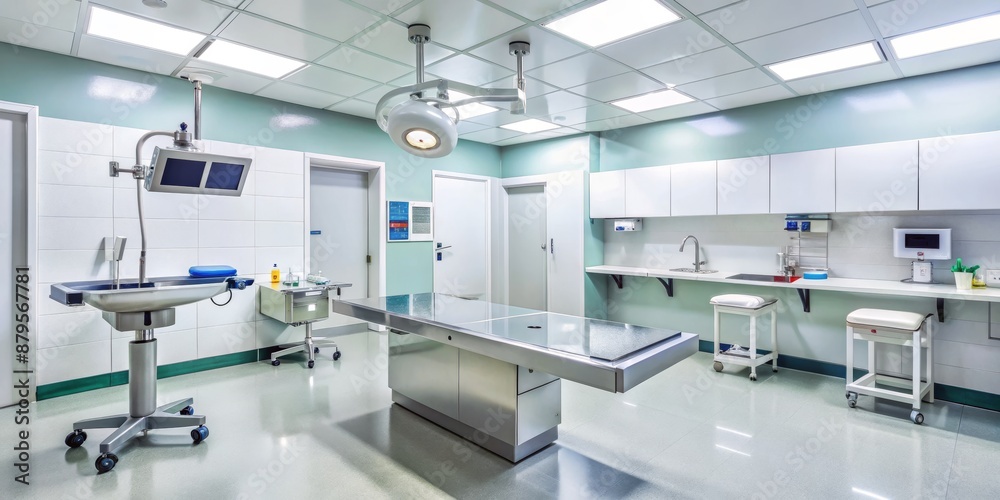 Surgical Room Interior with Stainless Steel Table and Overhead Lights, hospital, medical, surgery, clinic