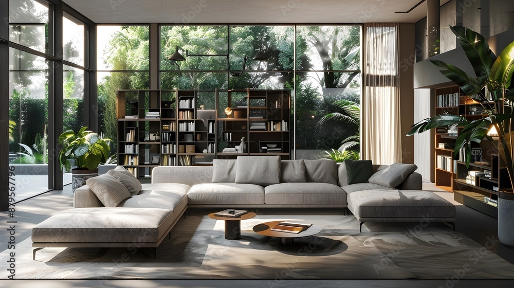 Fototapeta premium Elegant and Inviting Modern Living Space with Geometric Shelving and Natural Lighting A contemporary minimalist design with a warm earthy ambiance and serene calming atmosphere 