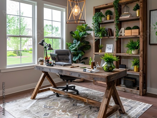 Cozy Rustic Modern Home Office featuring a Reclaimed Wood Desk Built in Shelves Vintage Industrial Lighting Plush Area Rug and Abundant Potted Plants and Natural Fiber Accents 