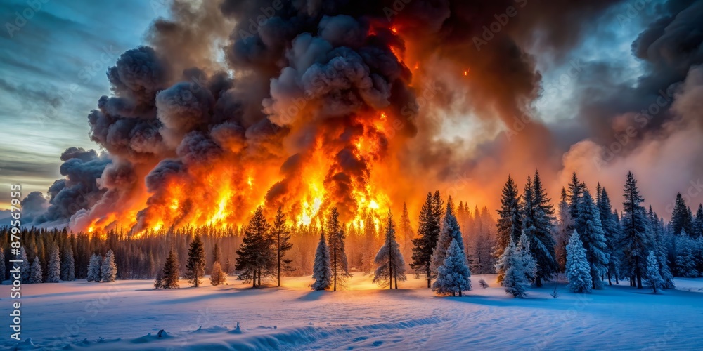 Fototapeta premium The Fiery Embrace of Winter, fire, winter, forest, landscape