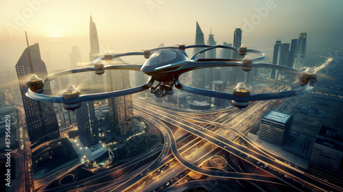 Futuristic drone flying over an advanced cityscape at sunset with illuminated roads and skyscrapers.