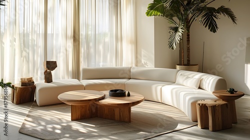 Sophisticated and sun drenched living area featuring a curved sectional sofa geometric wooden side tables and natural textures and materials showcasing a Bauhaus inspired aesthetic 