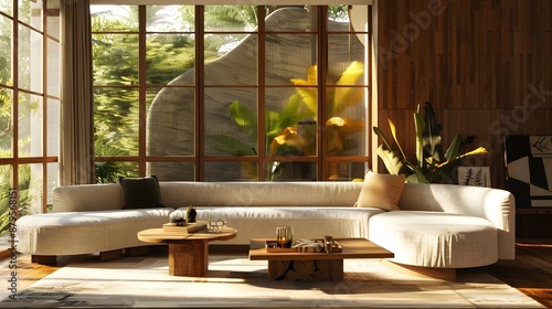 Sophisticated and sun drenched living area featuring a curved sectional sofa geometric wooden side tables and a Bauhaus inspired aesthetic  The natural textures and materials create a warm 