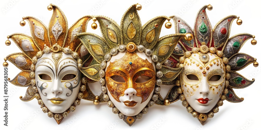 Three Venetian Masks - Golden, White, and Red, with intricate detailing and ornate designs, representing the beauty and mystery of the festival, venetian mask, carnival, mardi gras, masquerade