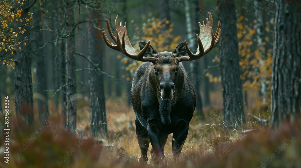 A majestic moose stands prominently in a tranquil forest setting. The full-bodied animal is surrounded by tall trees with autumn foliage. The scene exudes natural beauty and calmness. A majestic moose stands prominently in a tranquil forest setting. The full-bodied animal is surrounded by tall trees with autumn foliage. The scene exudes natural beauty and calmness.