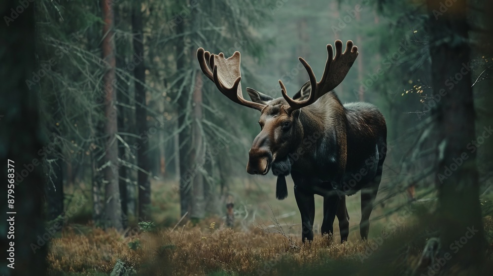 An adult moose stands relaxed in a forest clearing with a mossy ground cover. Rays of light filter through the tall trees, creating an atmosphere of peace and tranquility. An adult moose stands relaxed in a forest clearing with a mossy ground cover. Rays of light filter through the tall trees, creating an atmosphere of peace and tranquility.