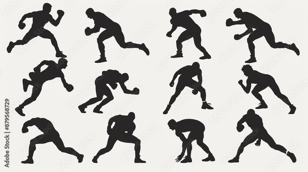 This image depicts various silhouettes of athletes in dynamic running and motion poses, showcasing their athleticism and agility against a neutral background. This image depicts various silhouettes of athletes in dynamic running and motion poses, showcasing their athleticism and agility against a neutral background.