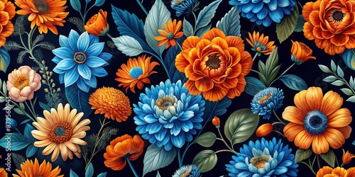 Vibrant Blue and Orange Floral Tapestry Seamless Pattern, floral pattern, botanical art, flower art, nature design © Stock Spectrum