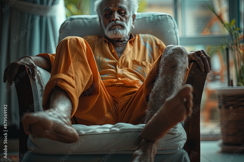 An elderly man is sitting on a couch in a dimly lit room, surrounded by the soft glow of a single lamp