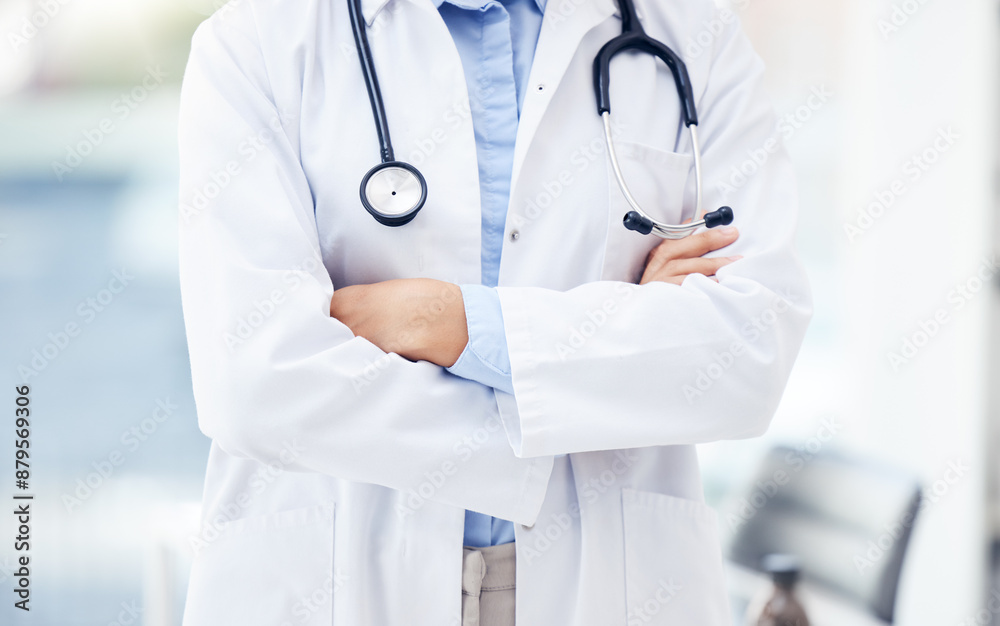 Doctor, healthcare and crossed arms in hospital for medical advice, health and wellness with stethoscope. Surgeon, career and confident person in clinic for job, experience and medicine with pride Doctor, healthcare and crossed arms in hospital for medical advice, health and wellness with stethoscope. Surgeon, career and confident person in clinic for job, experience and medicine with pride
