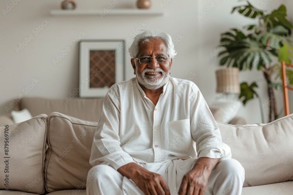 Grey-haired elderly Indian man in a white shirt, smiling as he sits in a modern living room, looking to the side Grey-haired elderly Indian man in a white shirt, smiling as he sits in a modern living room, looking to the side