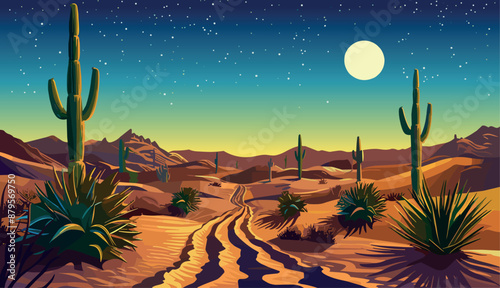 Oasis with cactus and palms in the desert. Moon stars hills sandy road. Nature summer landscape. Desert with plants background. Vector illustration