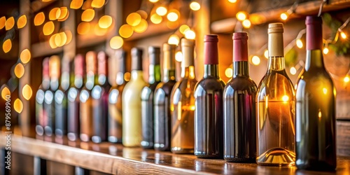 Wine Bottles in a Cozy Setting, Close-up, Wooden Shelf, Warm Lighting, Wine Collection, wine, beverage, bottle, glass, liquor