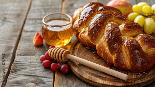 Jewish challah bread with fruits and honey on white wood Rustic style with room for text photo