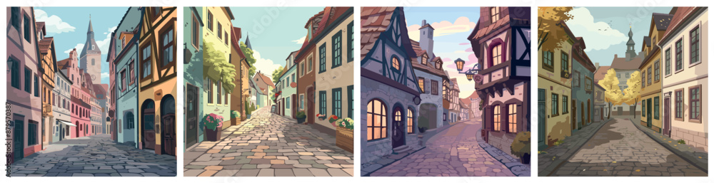Naklejka premium Old town street background. Downtown city. Historic buildings. Urban area. Citicsape. Flat cartoon style. Vector illustration