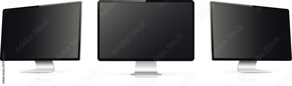 Three monitor with empty black display, realistic set device screen mockup