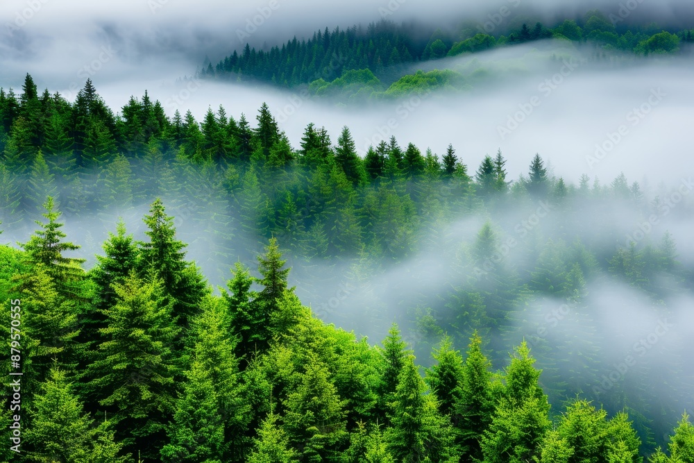 misty morning in a dense evergreen forest - serene landscape photography.