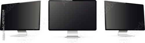 Three monitor with empty black display, realistic set device screen mockup