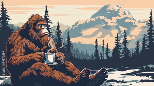 A peaceful Bigfoot sitting in a mountainous forest, holding a steaming cup of coffee, capturing a calm and relaxed moment in nature.