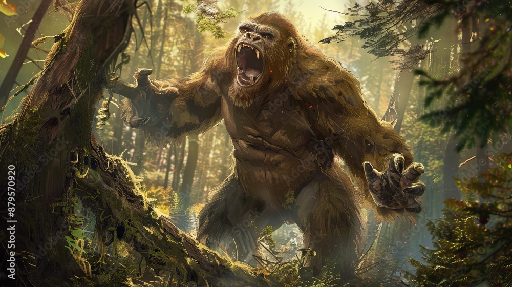 Obraz premium A fierce, gorilla-like beast stands aggressively in a wooded area, exuding raw power and intimidation. Sunbeams break through the foliage, highlighting its muscular form.