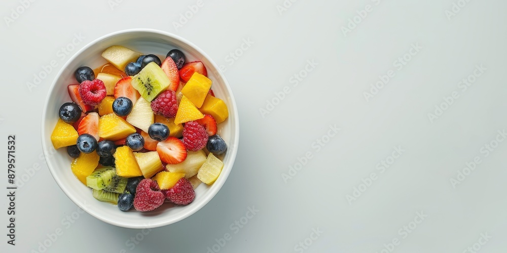 Fresh Fruit Salad with Honey Drizzle on Plain Background for Text Overlay Fresh Fruit Salad with Honey Drizzle on Plain Background for Text Overlay
