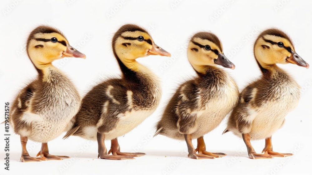 Obraz premium Four Indian runner ducklings separated against a white backdrop