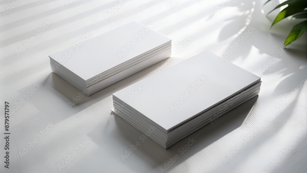 layout of white business cards on a white background with a shadow of leaves layout of white business cards on a white background with a shadow of leaves