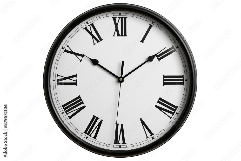 Classic analog wall clock with Roman numerals and black hour, minute, and second hands on a white face, isolated on a transparent background. Classic analog wall clock with Roman numerals and black hour, minute, and second hands on a white face, isolated on a transparent background.