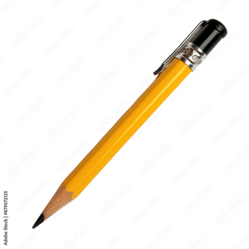 Close-up of a sharpened yellow pencil with an eraser, isolated on white background. Perfect for writing, drawing, and school-related projects.