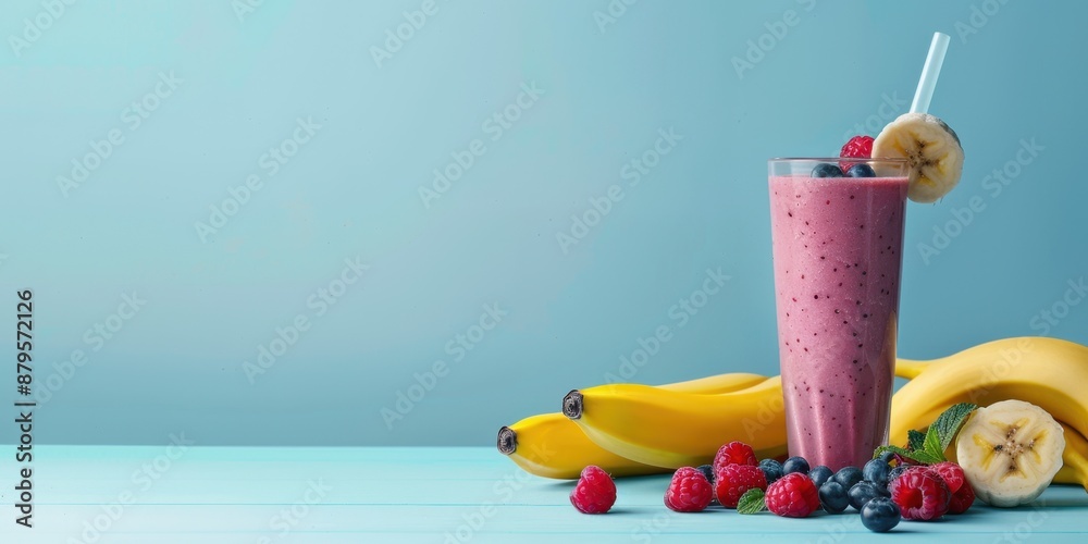 Vibrant Mixed Fruit Smoothie with Berries and Bananas on Plain Background for Text Overlays Vibrant Mixed Fruit Smoothie with Berries and Bananas on Plain Background for Text Overlays