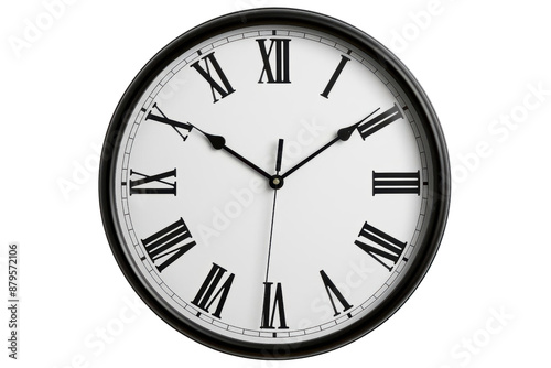 Classic analog wall clock with Roman numerals and black hour, minute, and second hands on a white face, isolated on a transparent background. photo