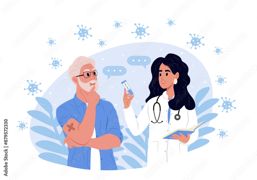 Vaccination concept. An elderly man receives a vaccination. Immunization awareness month. Vector template for banner, greeting card, poster with background. Vaccination concept. An elderly man receives a vaccination. Immunization awareness month. Vector template for banner, greeting card, poster with background.